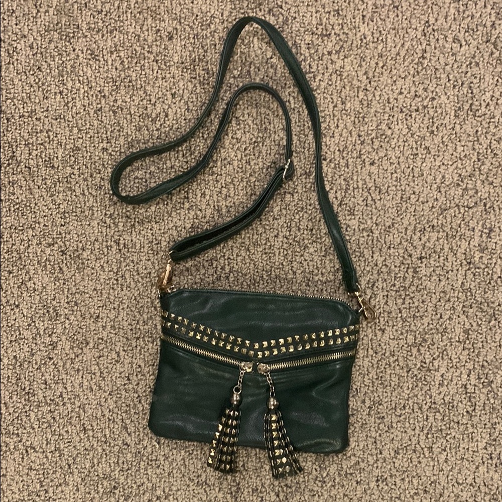 Elegant Green and Gold Studded Crossbody Bag